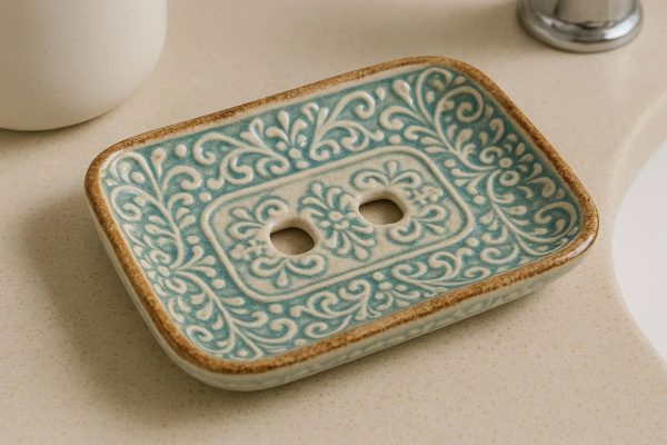 Ceramic Soap Dish with Glazed Finish and Decorative Pattern for Bathroom Vanity